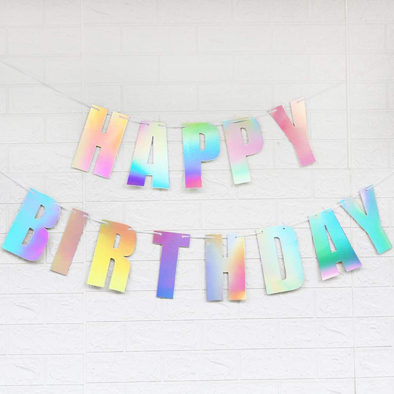 Fermus Pre-Strung Holographic Happy Birthday Banner - NO DIY - Iridescent White Hanging Bunting Garland Party Decorations - Image 1